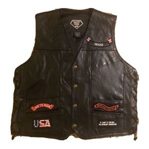 Diamond Plate Buffalo Leather Black Motorcycle Biker Vest (With Patches)